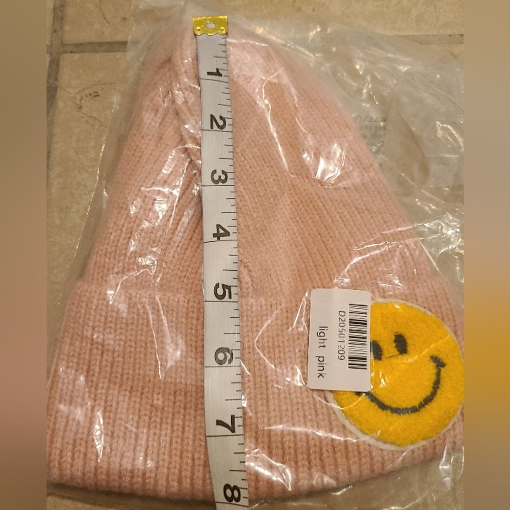 New Bundle of 2 Knit Ribbed Smiley Face Hat Beanies, y2k, Light Pink & Coral - Picture 4 of 4